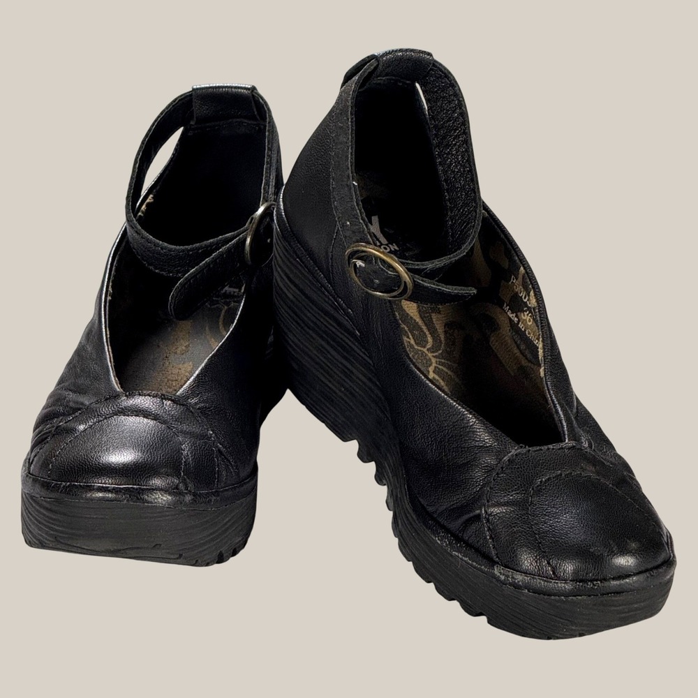Fly London Womens 36 Black Leather Ankle Strap Platform Wedge Shoes P500309005 - Picture 9 of 11